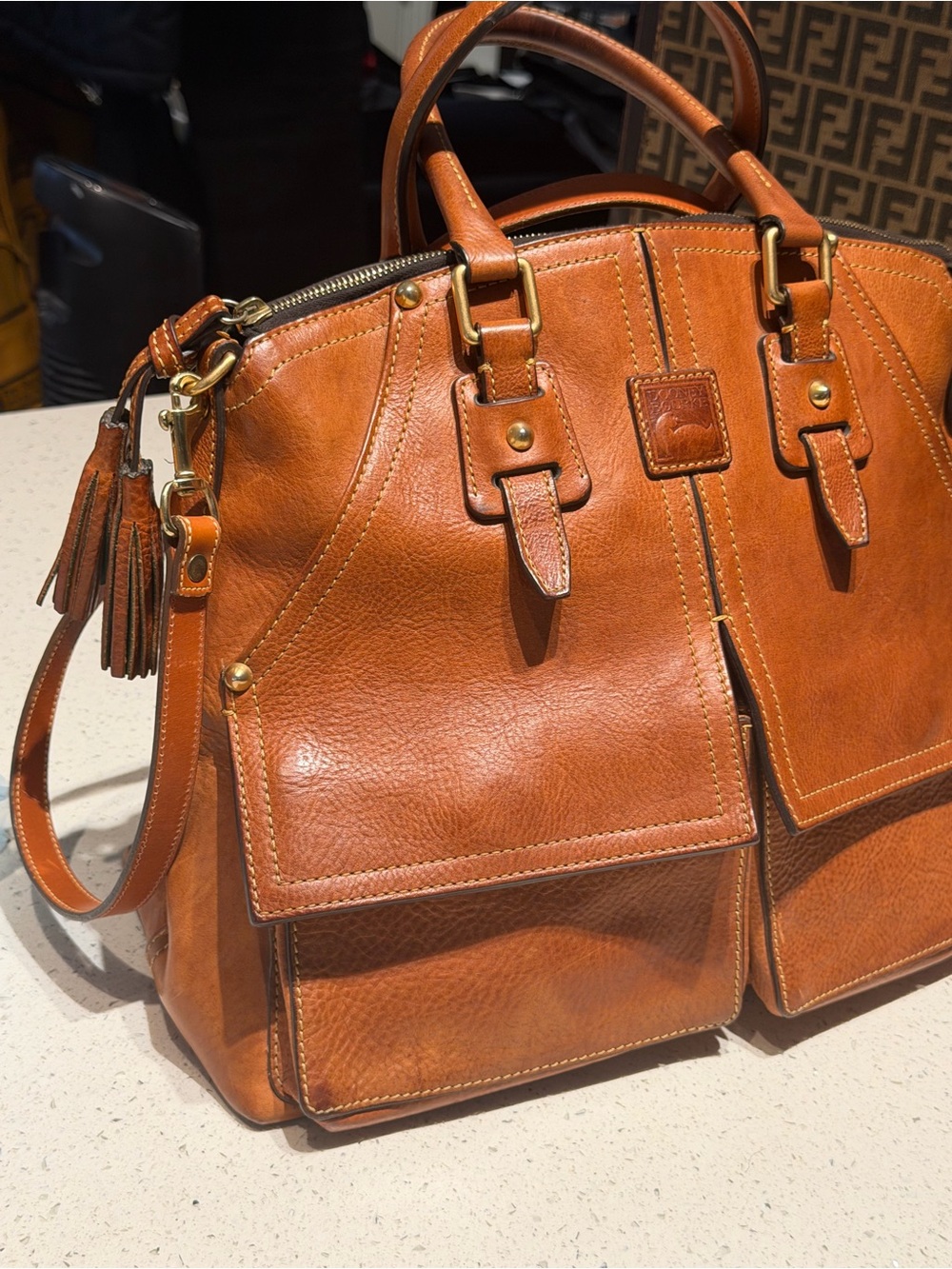 Dooney & Bourke Florentine Cognac Leather Structured Satchel - Picture 2 of 10